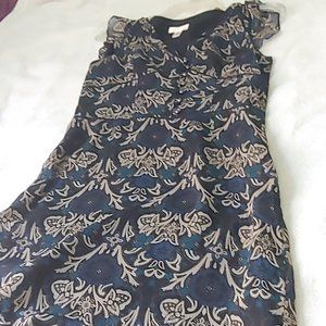 Blue, tan & black dress, skims curves, size 4